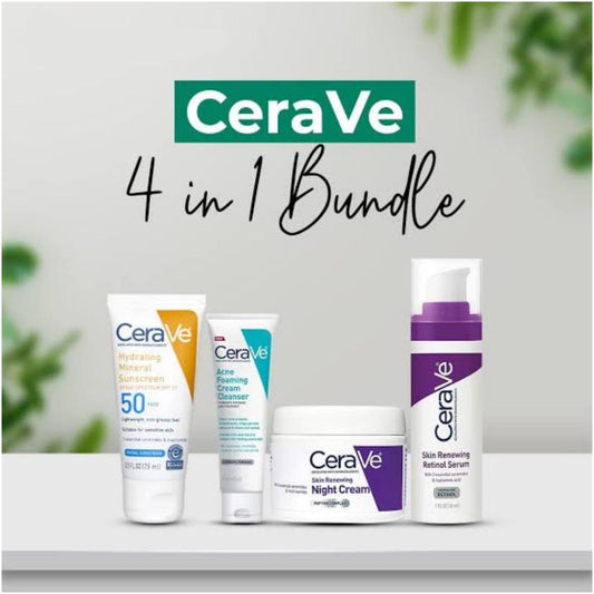 Ultimate 4 Pcs Hydrating Facial Kit: Night Cream, Retinol Serum, Sunscreen & Cleanser for Acne-Prone