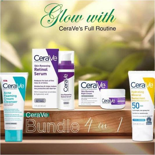 Ultimate 4 Pcs Hydrating Facial Kit: Night Cream, Retinol Serum, Sunscreen & Cleanser for Acne-Prone